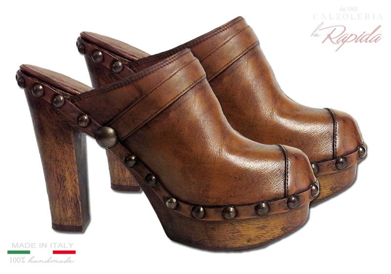 Sabot Vintage Retrò Anni 70 da Donna in Legno e Pelle