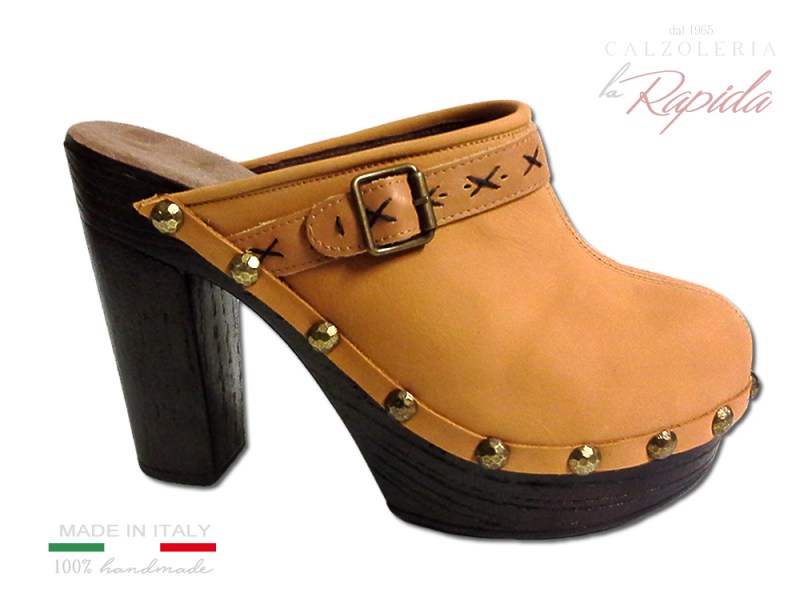 Sabot donna in pelle color cuoio gialla ocra tacco alto | La Rapida Betti1965