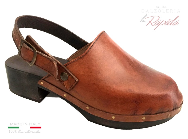 Clogs Marroni da Uomo Tacco Basso in Legno con Cinturino
