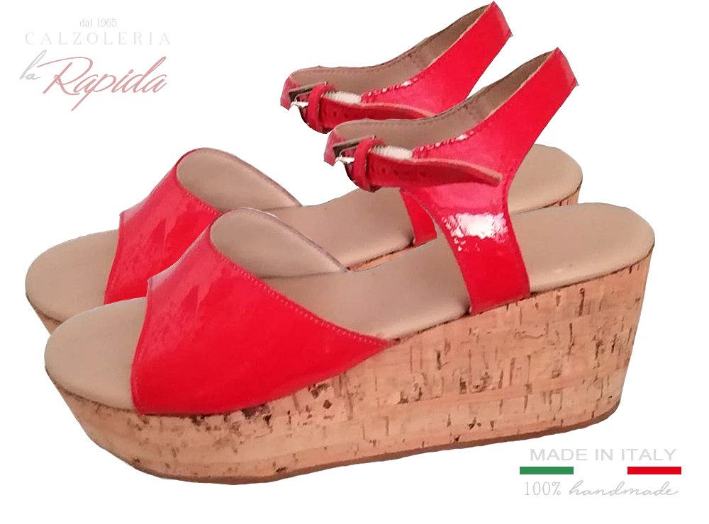 Sandali Rossi con Zeppa in Sughero Pelle Laccato Lucida Novità
