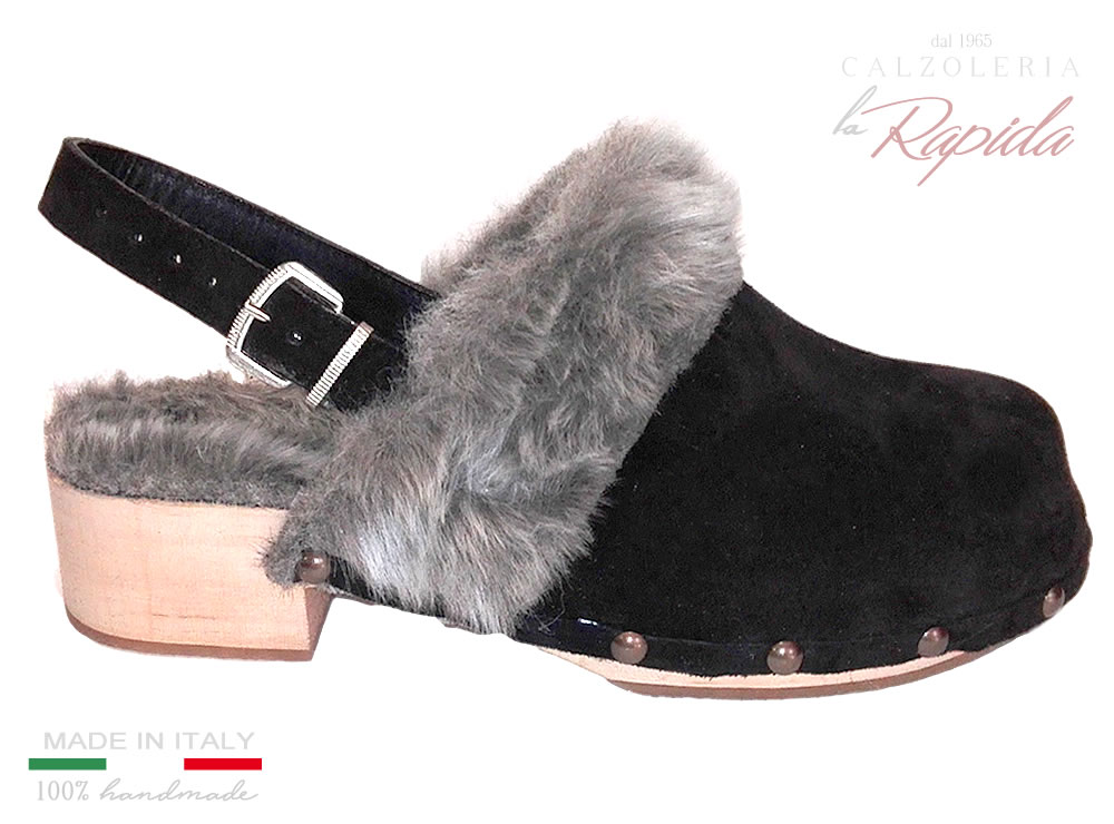 ► Sabot donna con pelo e pelliccia | Pelle camoscio nera | LA RAPIDA