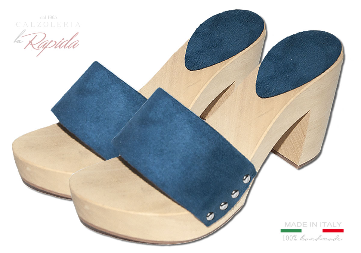 Zoccoli Donna Estate Blu Azzurri da Mare in Legno Artigianali Tacco Medio