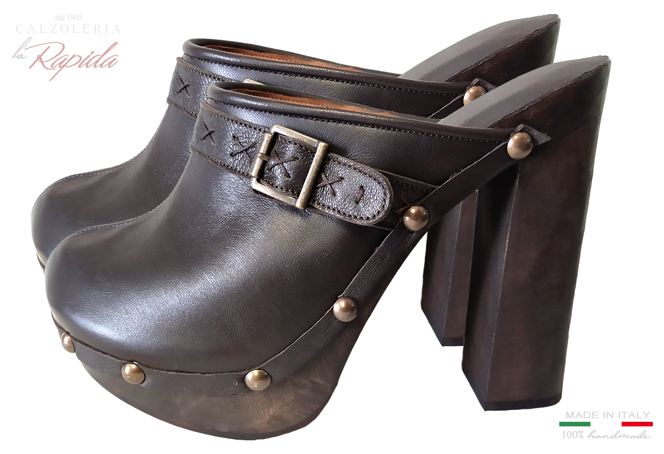 Sabot Donna Mules Shoes Marroni in Pelle