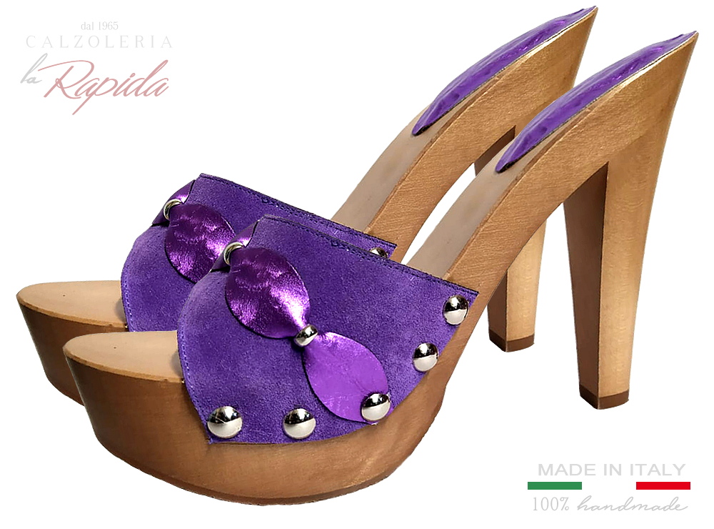 Zoccoli viola camoscio tacco alto fine estate | La Rapida