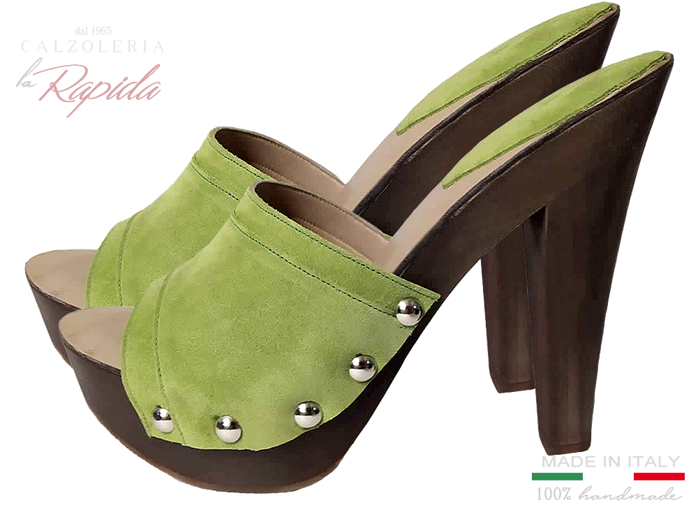 Zoccoli Donna Verdi Pelle Camoscio Naturale Estate Tacco Fine