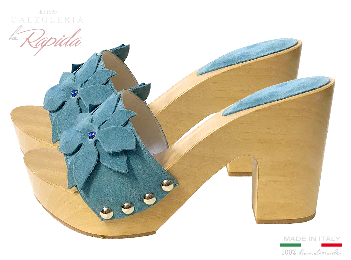 Zoccoli Estate Moda 2024 da Mare Azzurri Camoscio Con Fiori Tacco medio