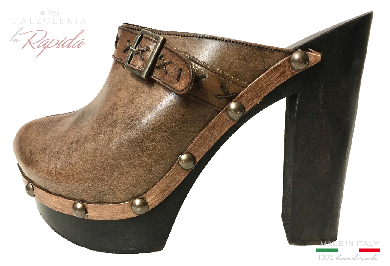 Sabot Donna in Pelle Tacco in Legno Artigianali