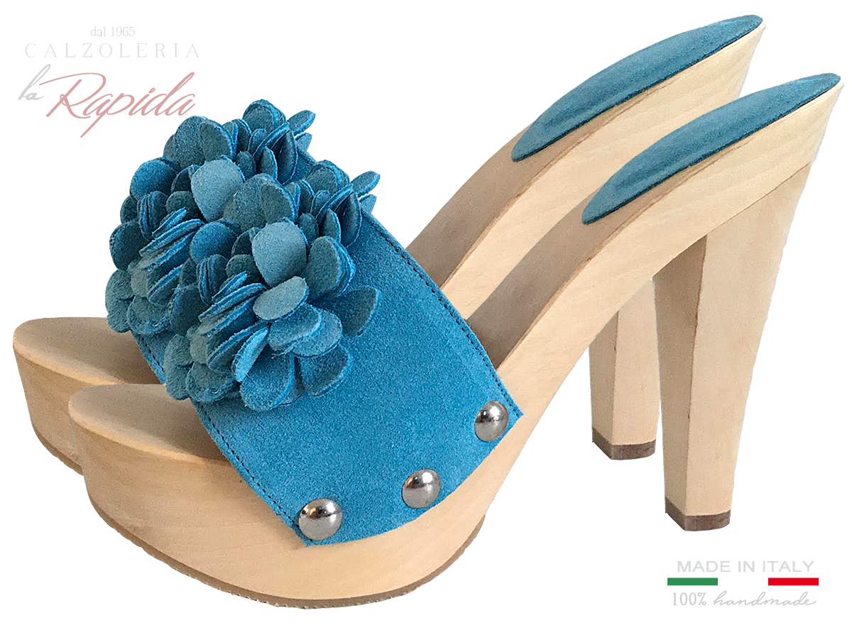Zoccoli Millefiori Pelle Camoscio Azzurra Tacco fine Estate