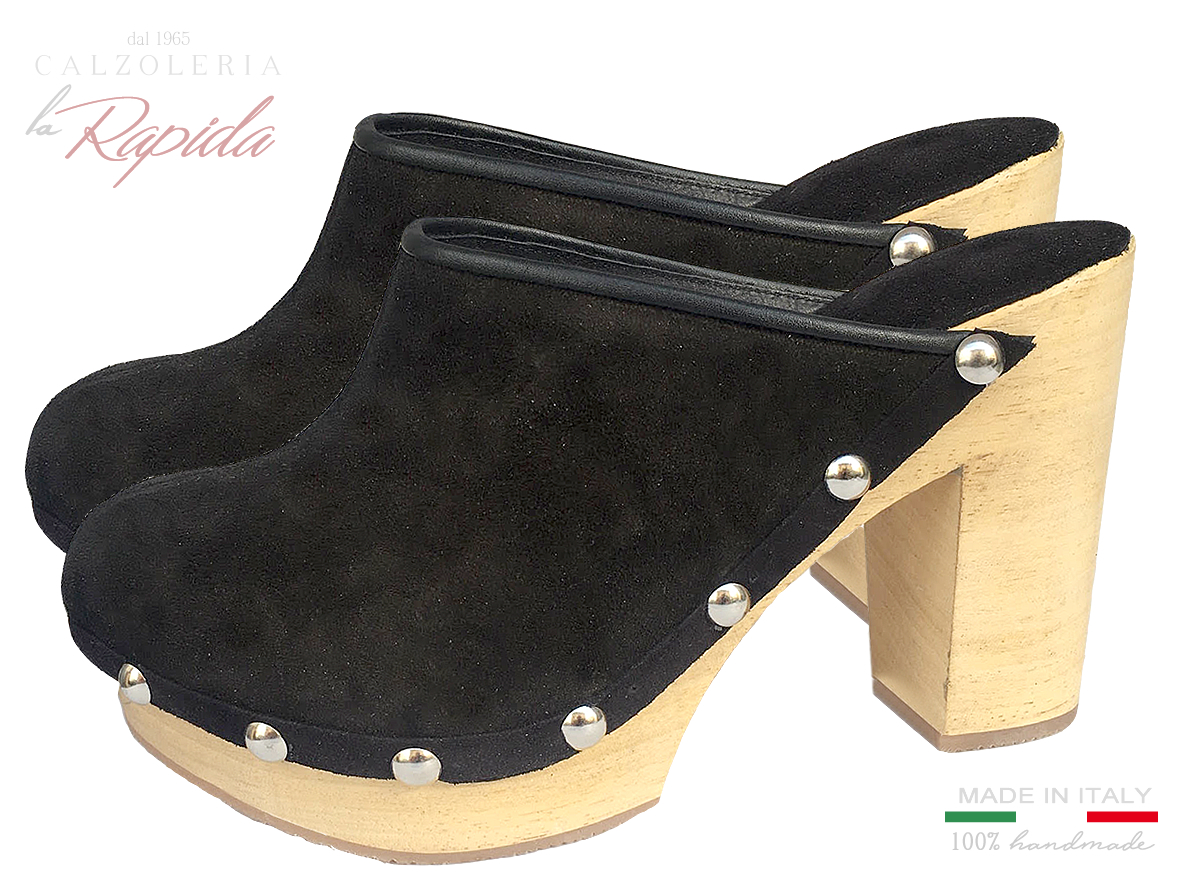 Sabot Donna Zoccoli Camoscio Nero Eleganti Estate Autunno