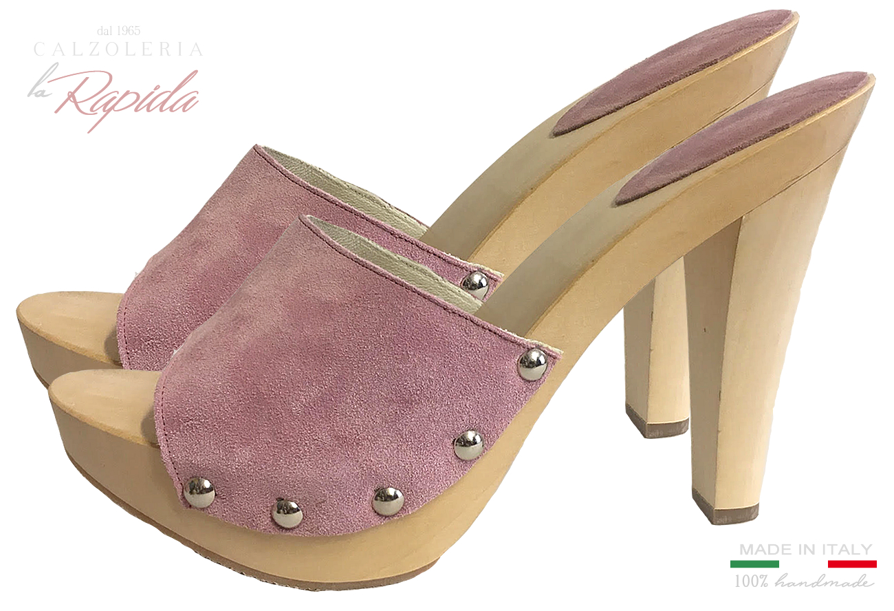 Zoccoli Donna Rosa in Pelle Tacco in Legno Estate Eleganti