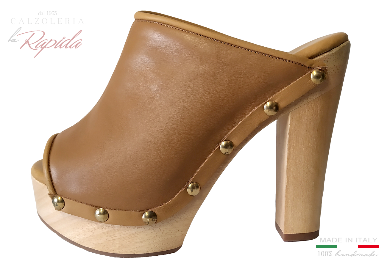 Scarpe Sabot Donna in Pelle color Cuoio Naturale
