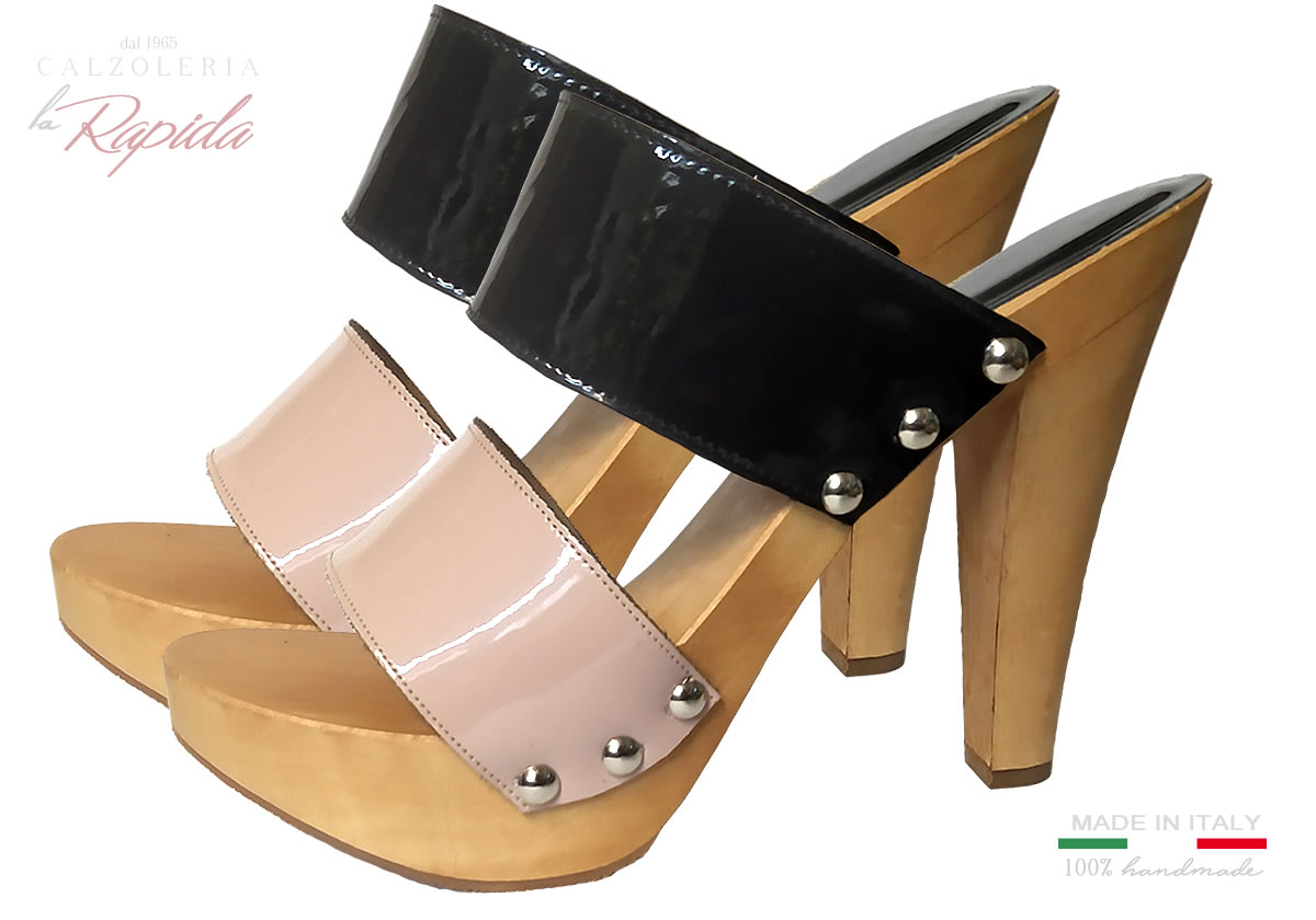 Zoccoli Moda 2024 Doppia Fascia Nero Rosa Carne Lucido | La Rapida