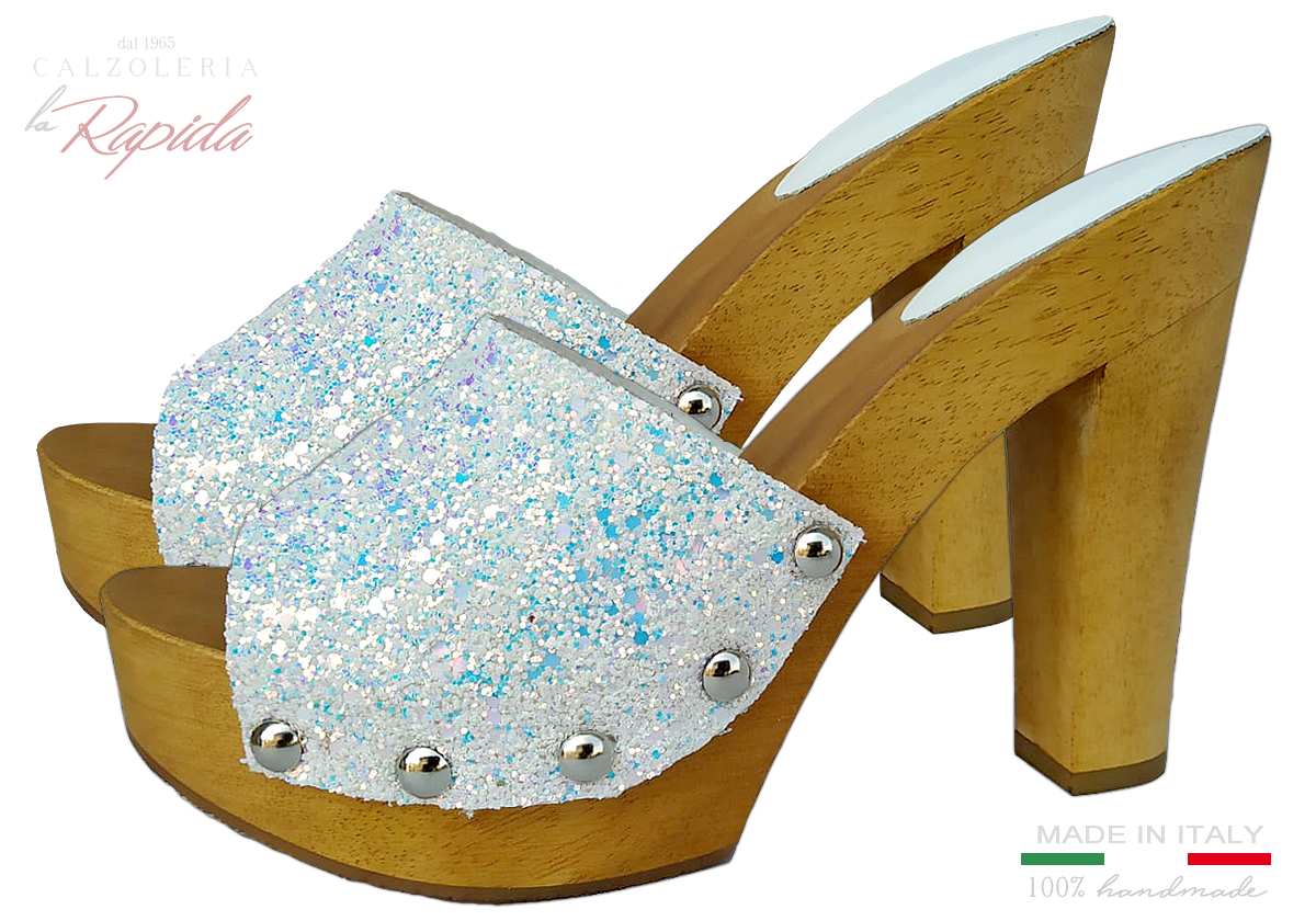 Zoccoli Cool Fashion 2024 Glitter Bianco con Tacco in Legno | La Rapida Forte dei Marmi