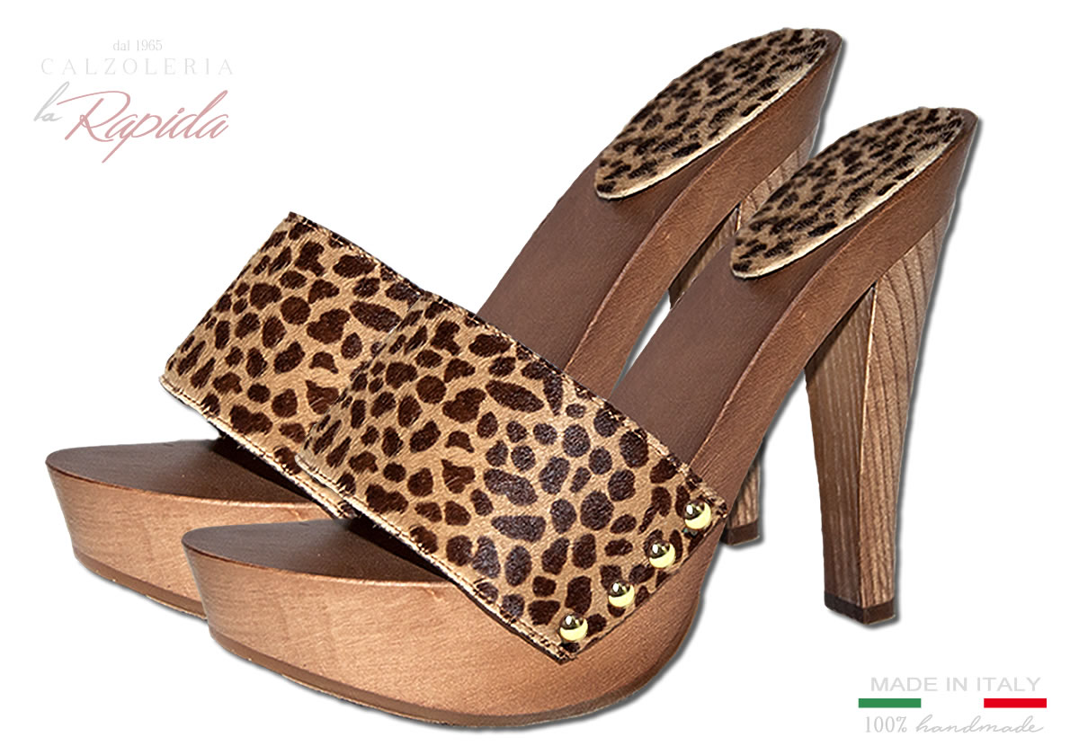 Zoccoli Alti Donna Tacco Fine in Legno Estate 2024 Leopardati