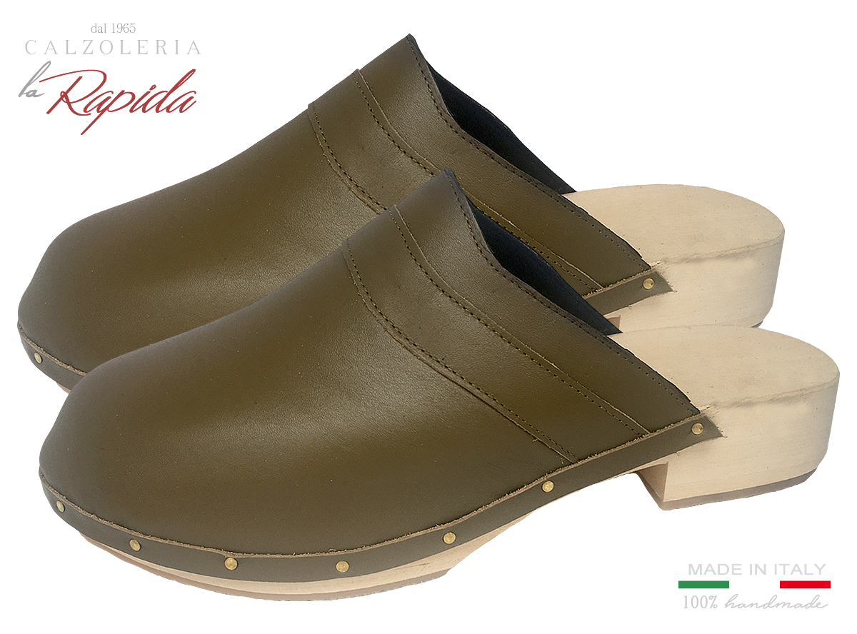 Clogs Uomo Sabot in legno Verdi in Pelle cuciti a mano Estate